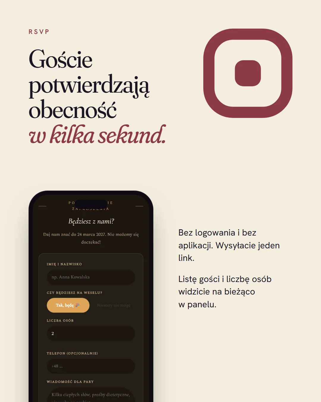Formularz RSVP na stronie ślubnej — goście potwierdzają obecność w kilka sekund, bez logowania