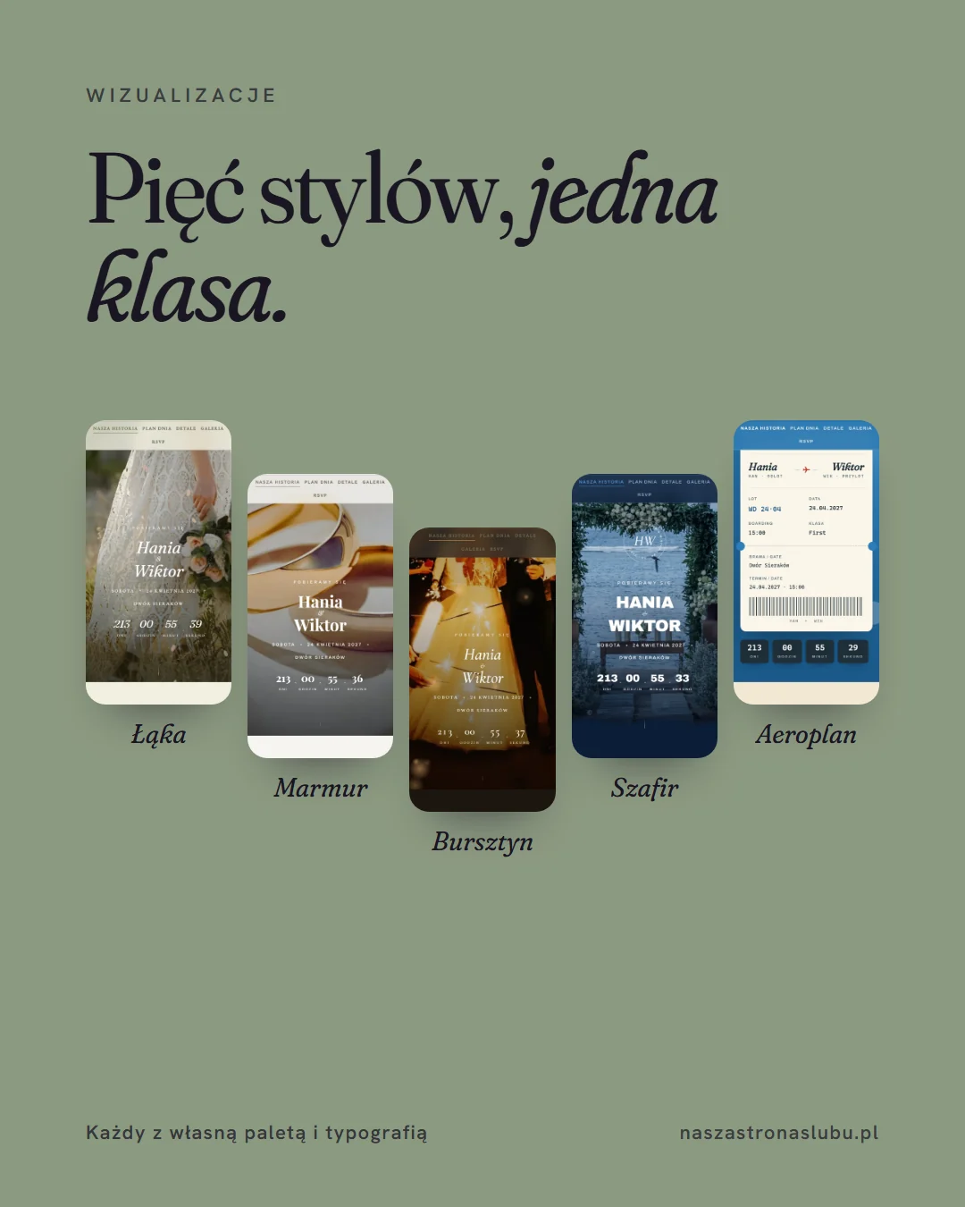 Pięć stylów strony ślubnej: Łąka, Marmur, Bursztyn, Szafir i Aeroplan na ekranach telefonów