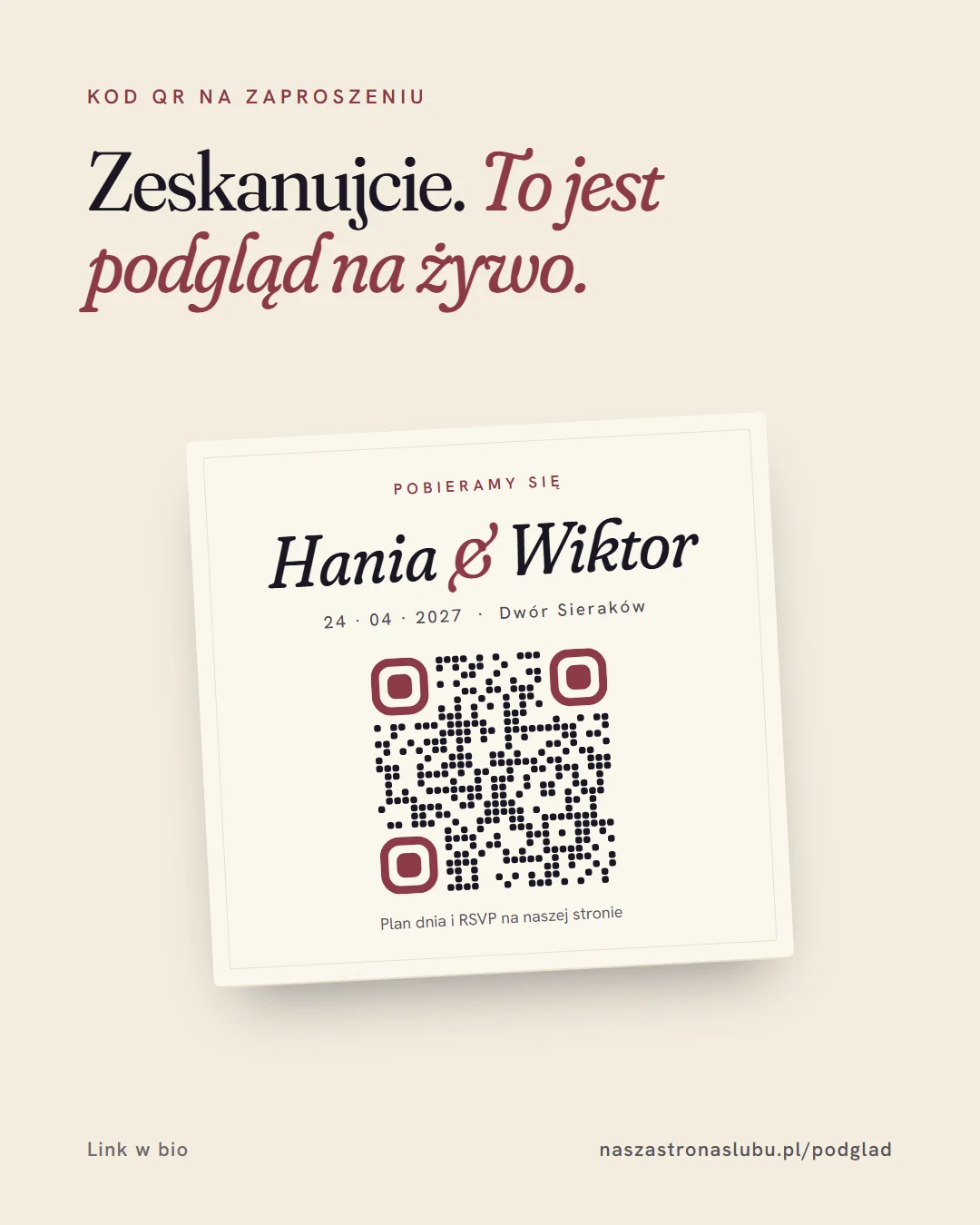 Papierowe zaproszenie ślubne z kodem QR prowadzącym na stronę ślubną