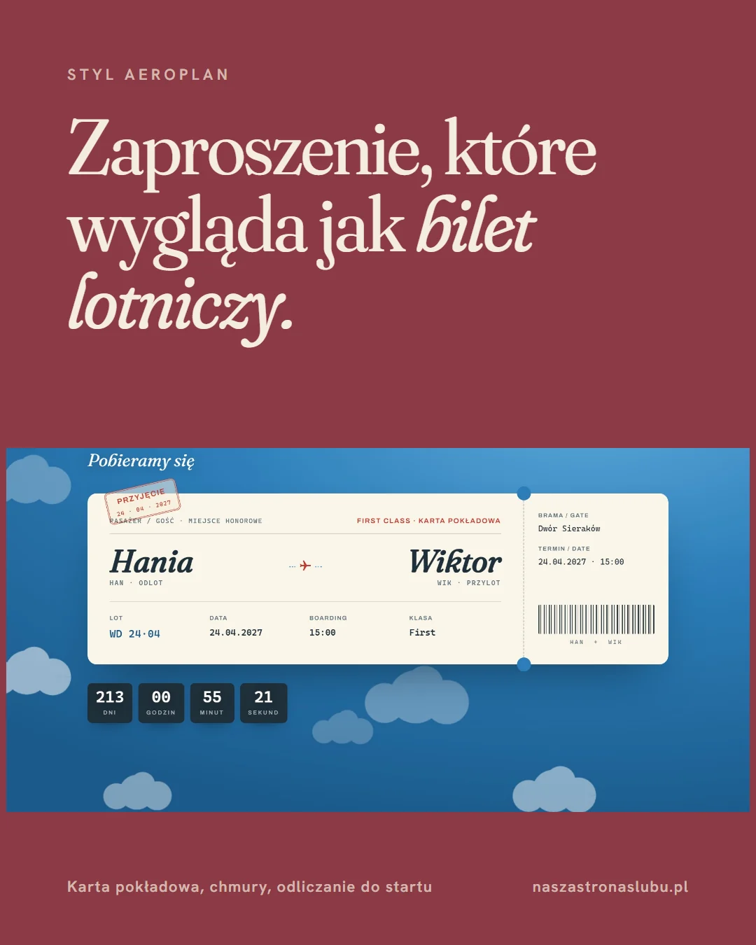 Styl Aeroplan: zaproszenie jak karta pokładowa z godziną ceremonii jako boarding i odliczaniem