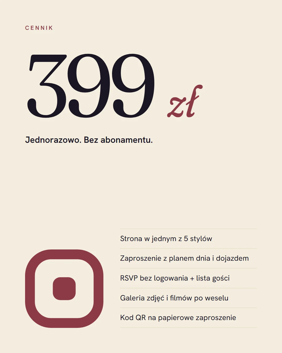 Cena strony ślubnej: 399 zł jednorazowo, bez abonamentu — co jest w cenie
