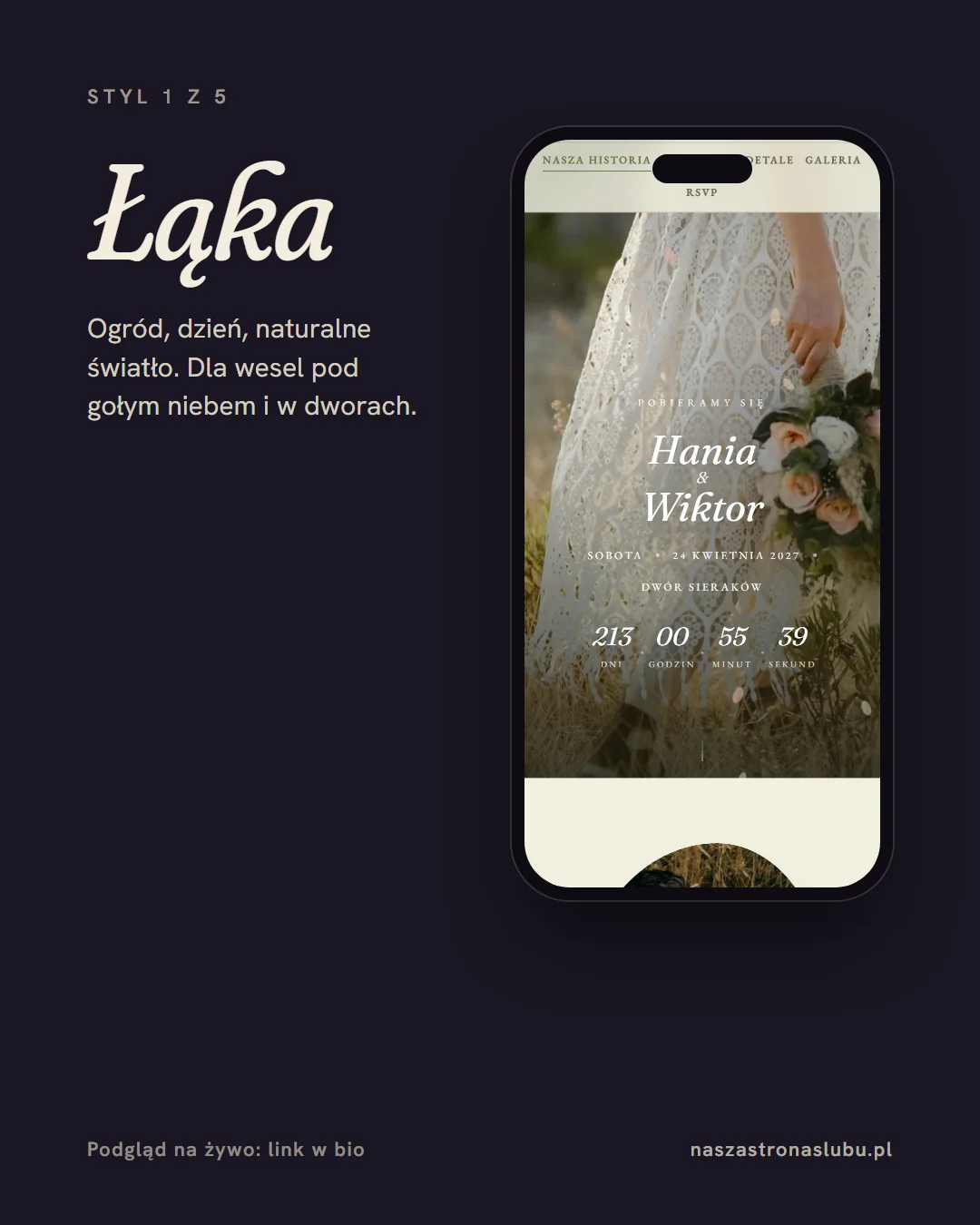 Strona ślubna w stylu Łąka na ekranie telefonu — ogród, dzień, naturalne światło